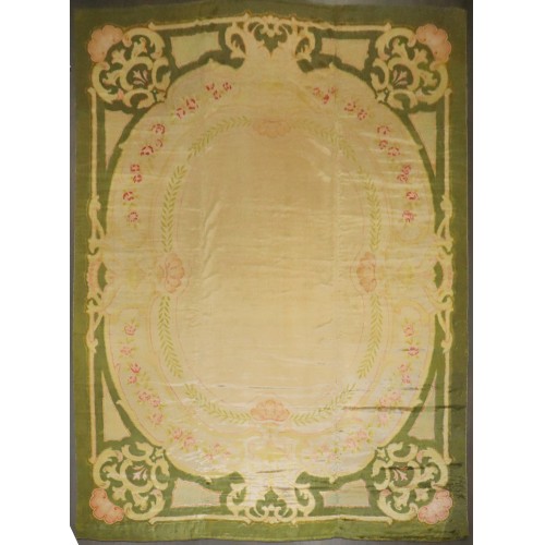 Green Pink Spanish Savonnerie Large Floral Rug No. 10785