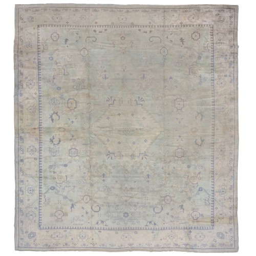 Soft Green Square Antique Turkish Oushak No. 10840