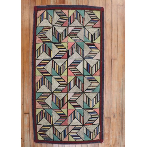 Dazzling Geometric American Hooked Scatter Rug No. 31446