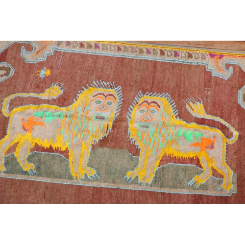 Colorful Lion Pictorial Turkish Accent Rug No. 31612