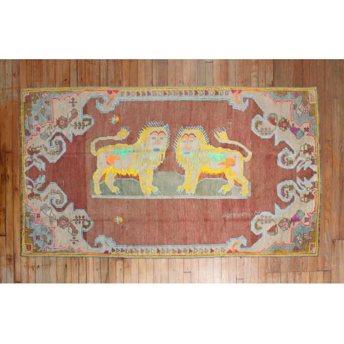Colorful Lion Pictorial Turkish Accent Rug No. 31612
