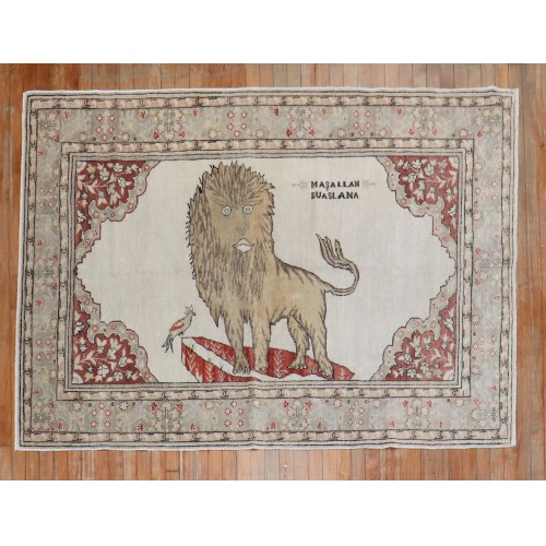 Lion Motif Vintage Turkish White Ground Dowry Rug No. j1983