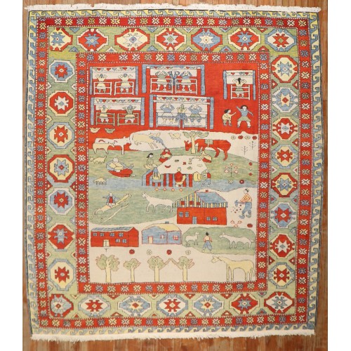 Vintage Turkish Animal Scenic Rug No. j3951