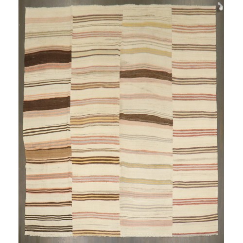 Room Size Ivory Striped Turkish Square Kilim No. j4223