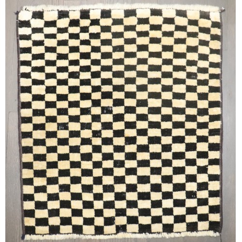 Ivory Black Checkerboard Turkish Mini Square Rug No. j4235