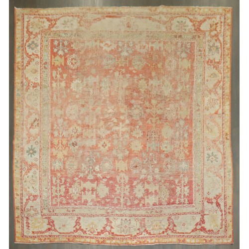 Square Soft Red Worn Antique Oushak Rug No. j4246