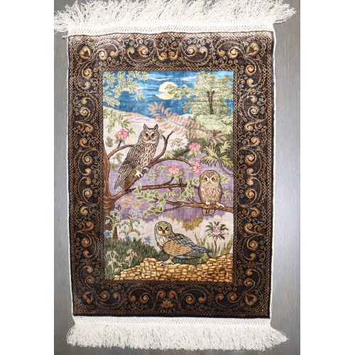 Signed Turkish Silk Herekeh Owl Rug No. j4457