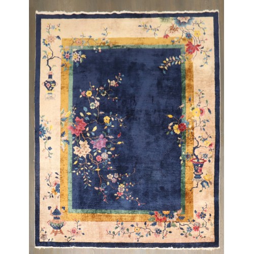 Navy Chinese Art Deco Floral Rug No. j5103