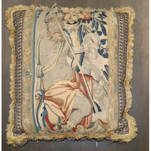 17th Century Flemish Tapestry Fragment Pillow with Classical Bearded Deity / Neptune No. j5450