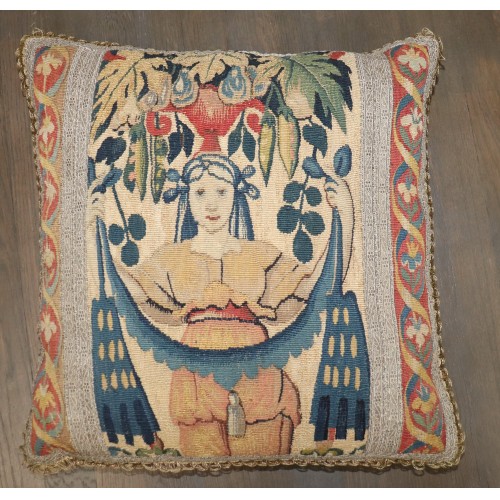 17th Century Flemish Tapestry Fragment Pillow with Allegorical Classical Maiden No. j5341