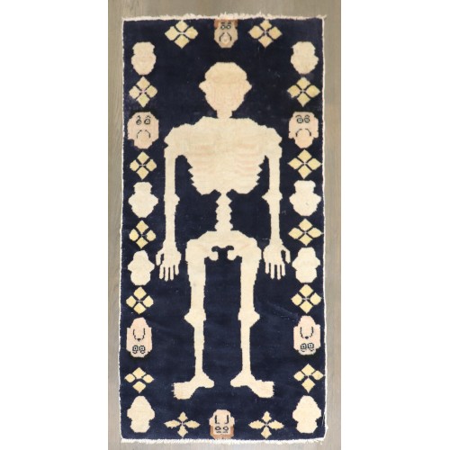 Navy Blue Pictorial Skeleton Vintage Tibetan Rug No. j5370