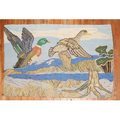 Scenic Duck American Hooked Pictorial Rug No. r5543